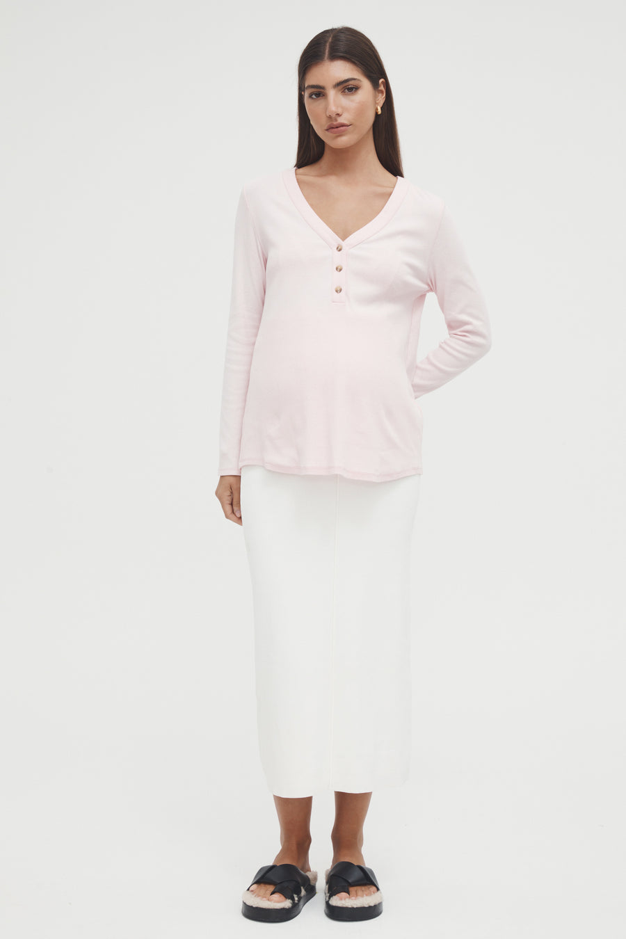 Maternity Ribbed Henley Long Sleeve Top (Pink) 3