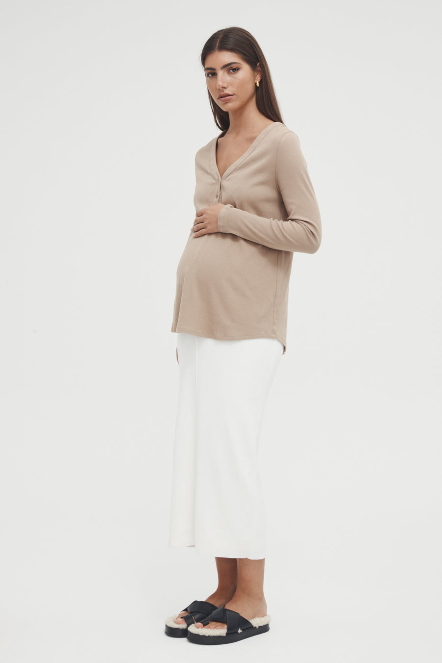 Maternity Ribbed Henley Long Sleeve Top (Mocha) 3