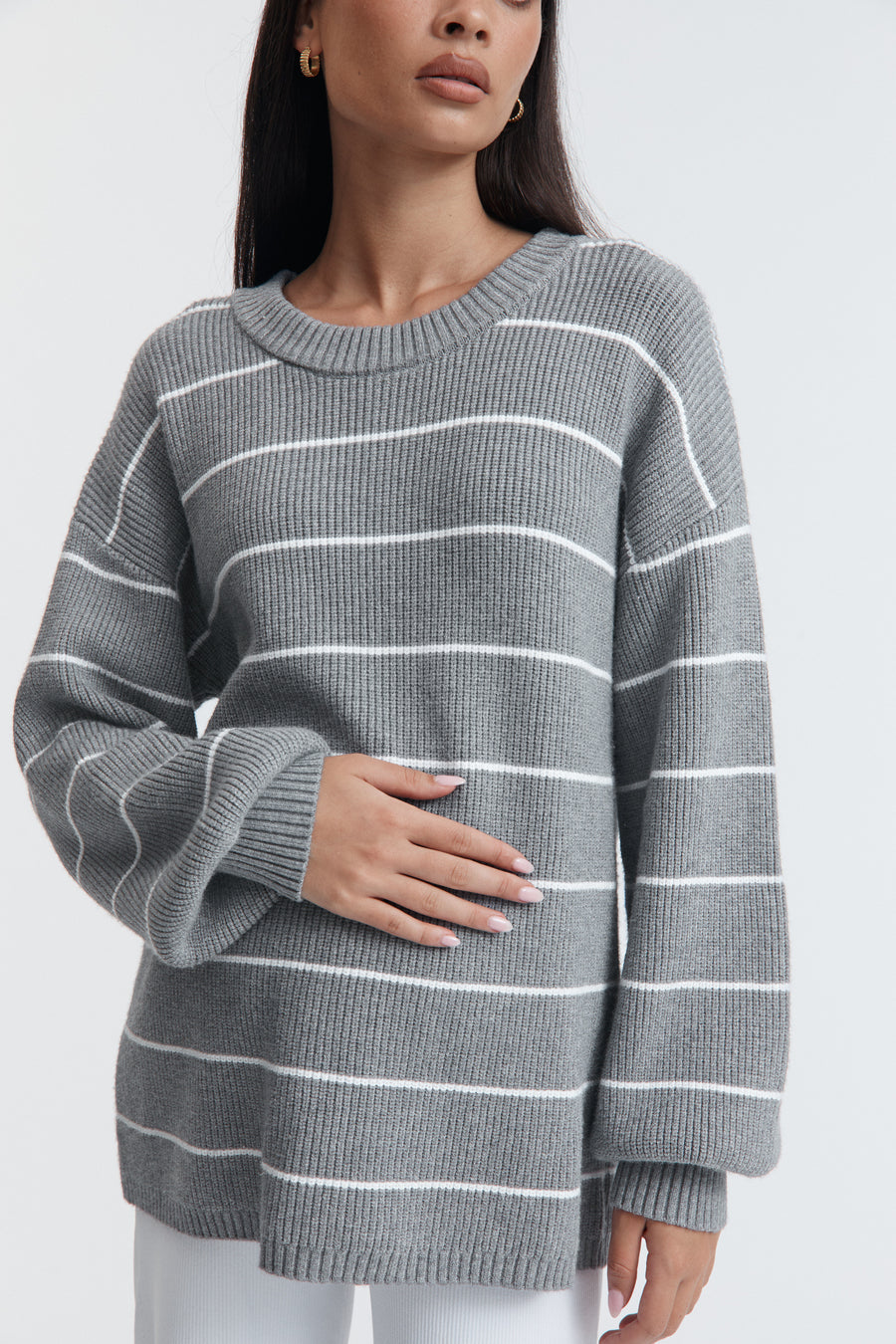 Cosy Knit Jumper (Grey/White Stripe)