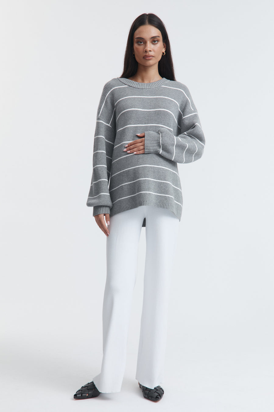 Cosy Knit Jumper (Grey/White Stripe)