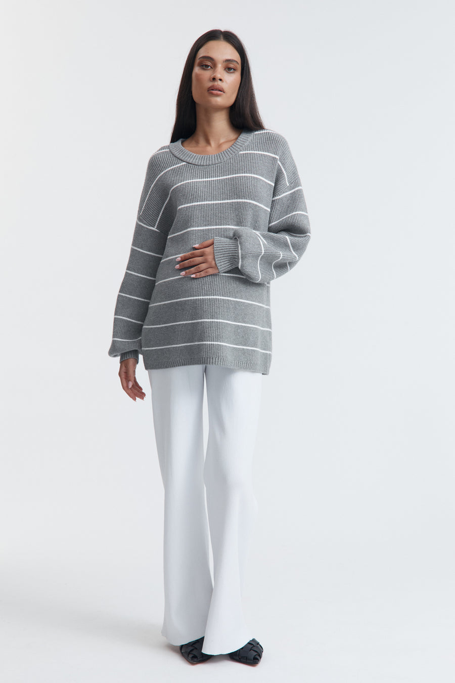 Cosy Knit Jumper (Grey/White Stripe)