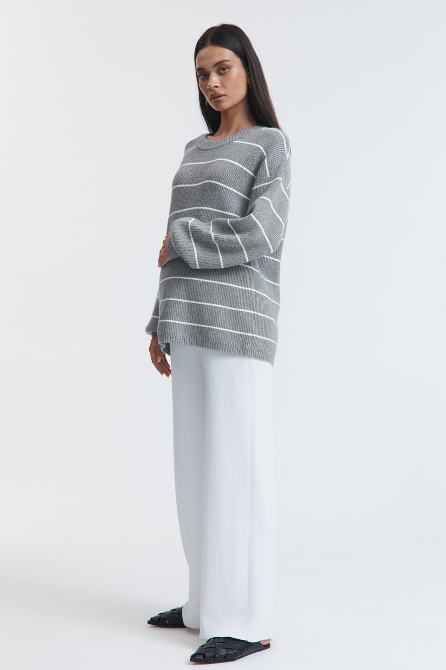 Cosy Knit Jumper (Grey/White Stripe)