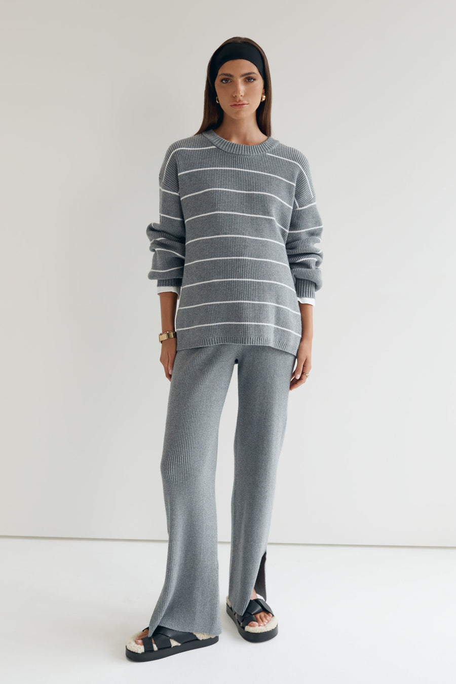 Cosy Knit Jumper (Grey/White Stripe)