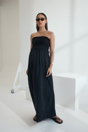 Black Shirred Maternity Linen Maxidress 11