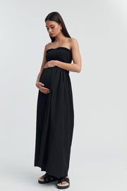 Black Shirred Maternity Linen Maxidress 3