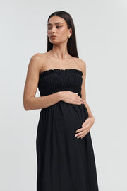 Black Shirred Maternity Linen Maxidress 4