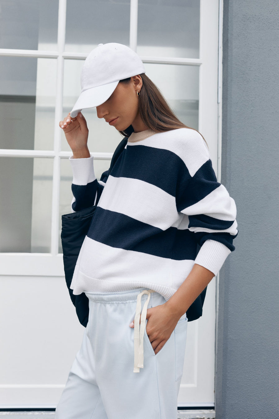 Block Stripe Maternity Lounge Jumper (White/Navy/Tan) 2