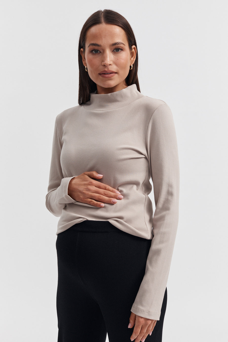 Ribbed Maternity Mock Neck Top (Stone) 6