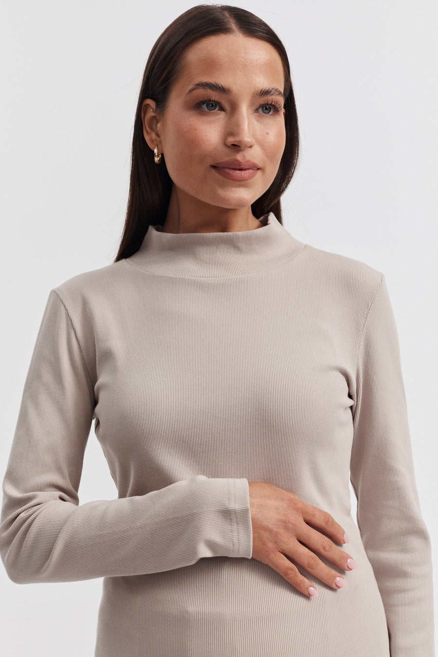 Ribbed Maternity Mock Neck Top (Stone) 4