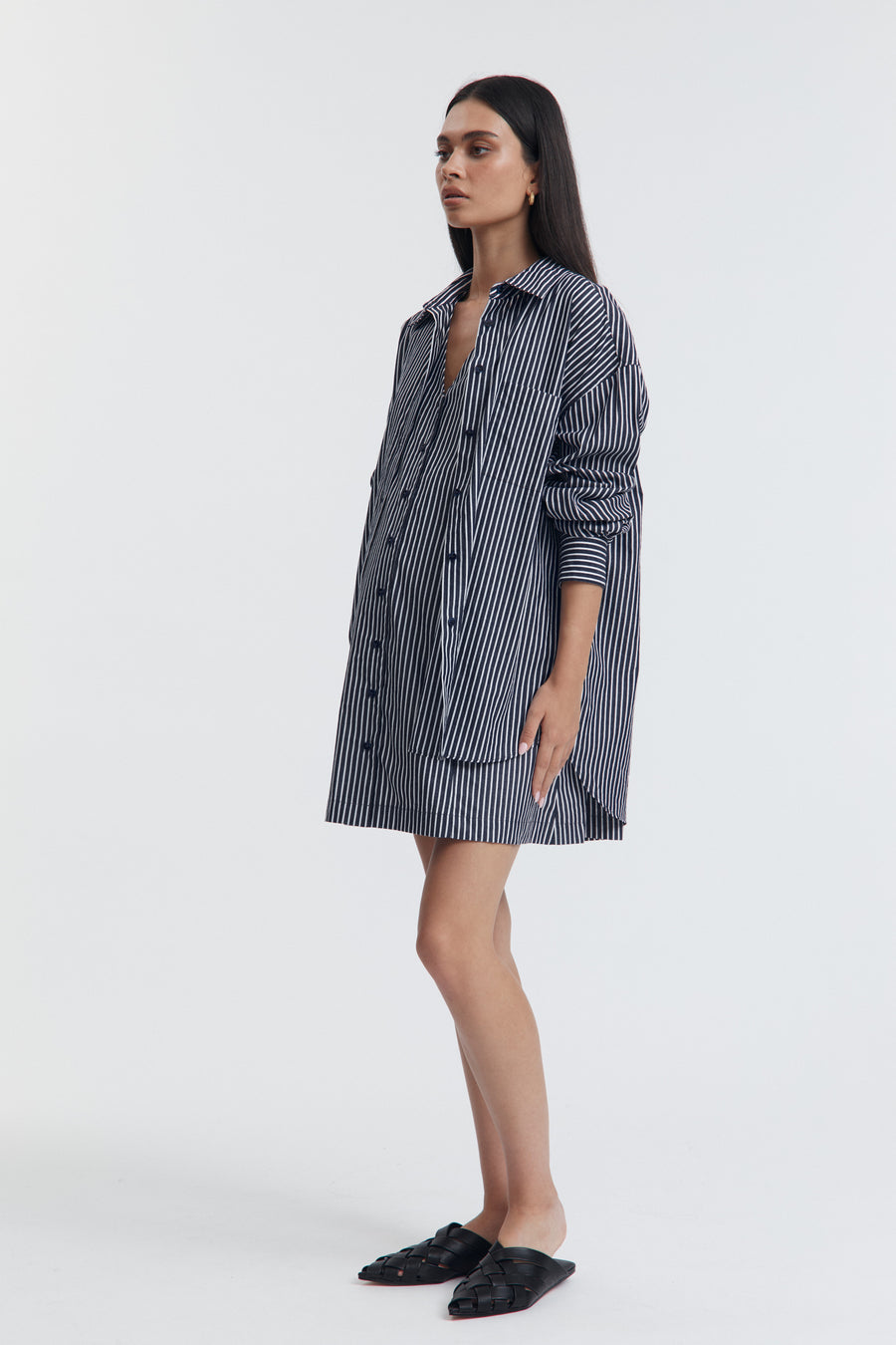 Cotton Button Down Maternity Dress (Navy Stripe) 2