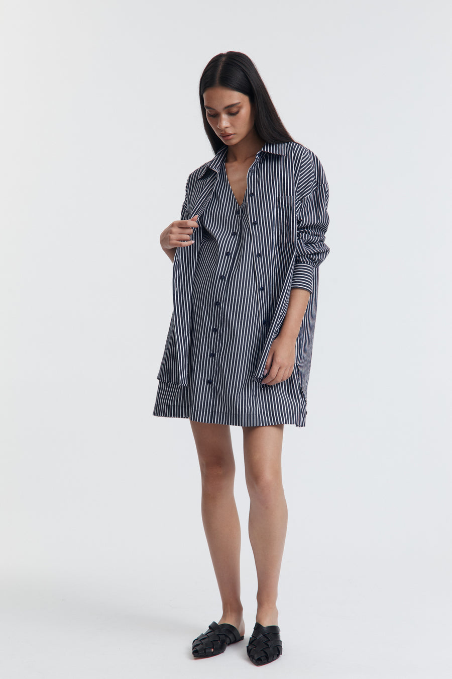 Cotton Button Down Maternity Dress (Navy Stripe) 4