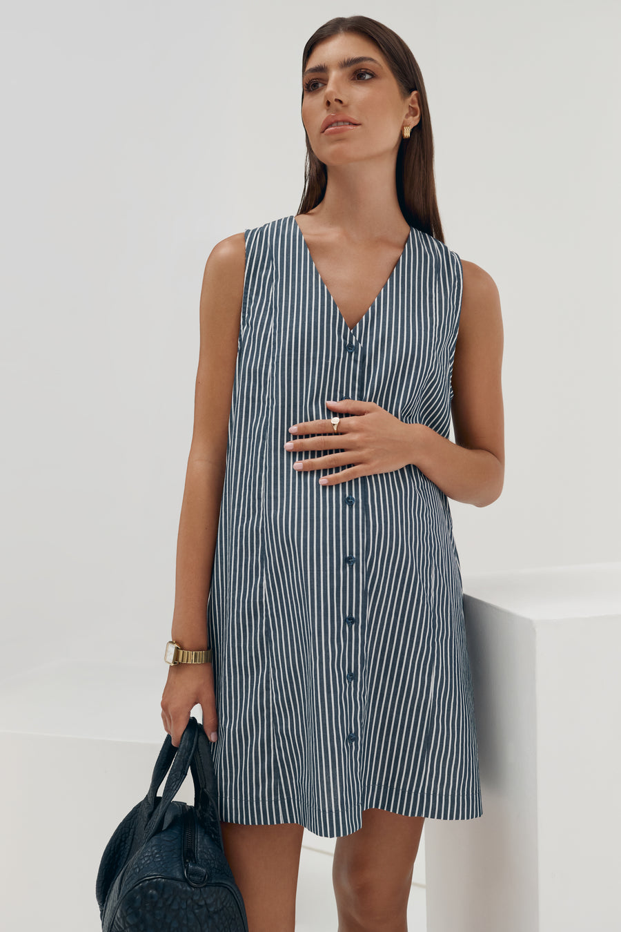 Cotton Button Down Maternity Dress (Navy Stripe) 5