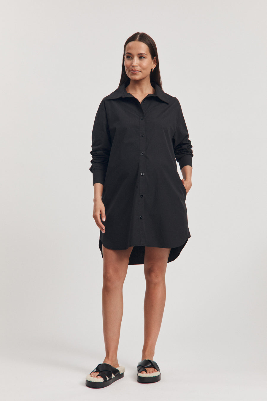 Cotton Poplin Maternity Shirtdress (Black) 2