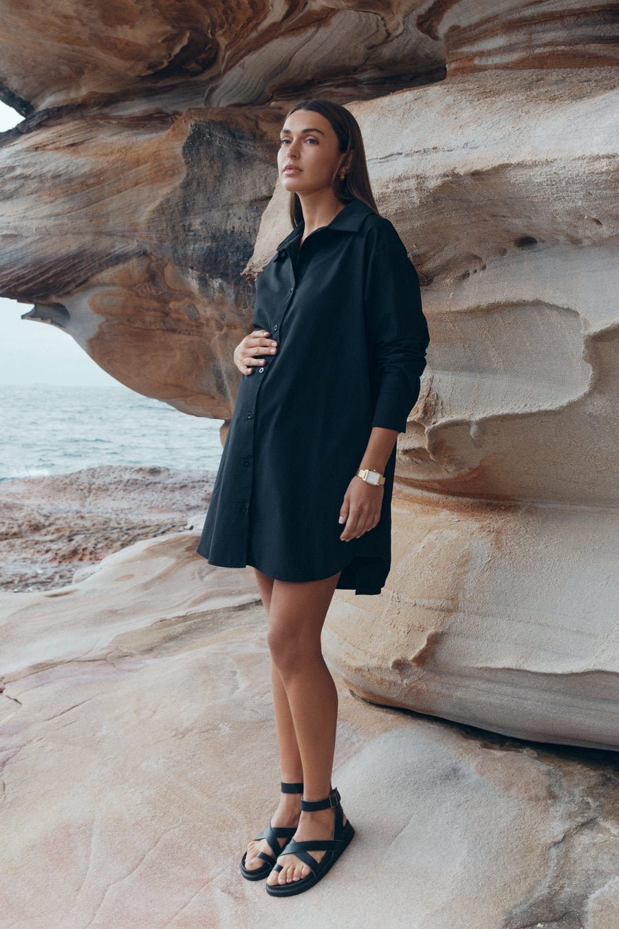 Cotton Poplin Maternity Shirtdress (Black) 3