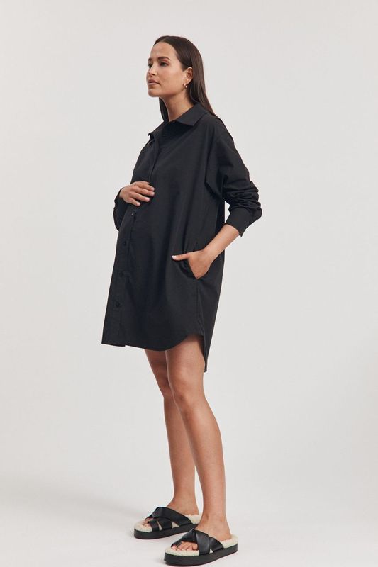 Cotton Poplin Maternity Shirtdress (Black) 6