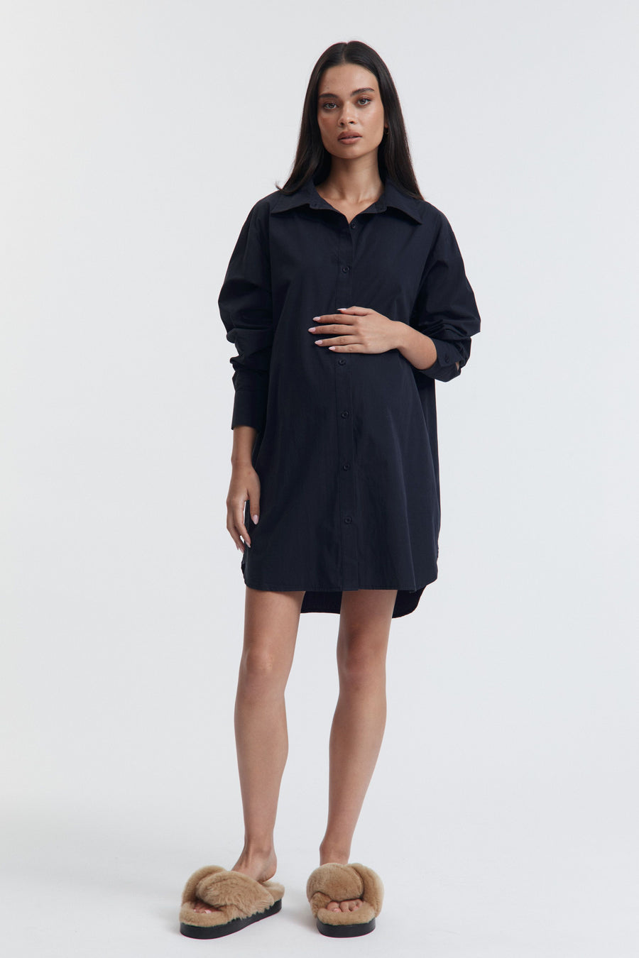 Cotton Poplin Maternity Shirtdress (Navy) 4