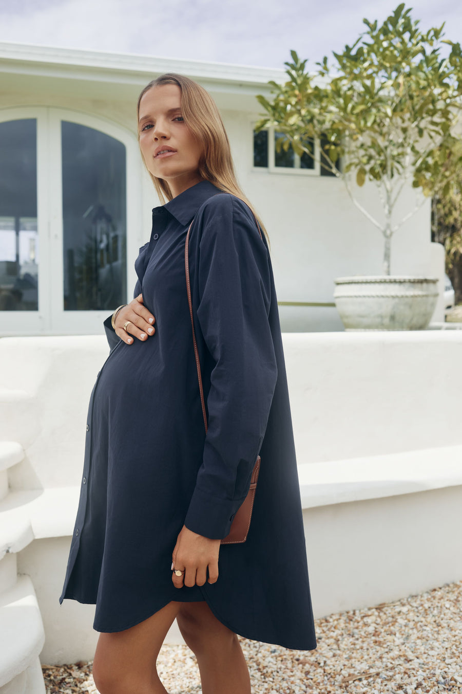 Cotton Poplin Maternity Shirtdress (Navy) 7