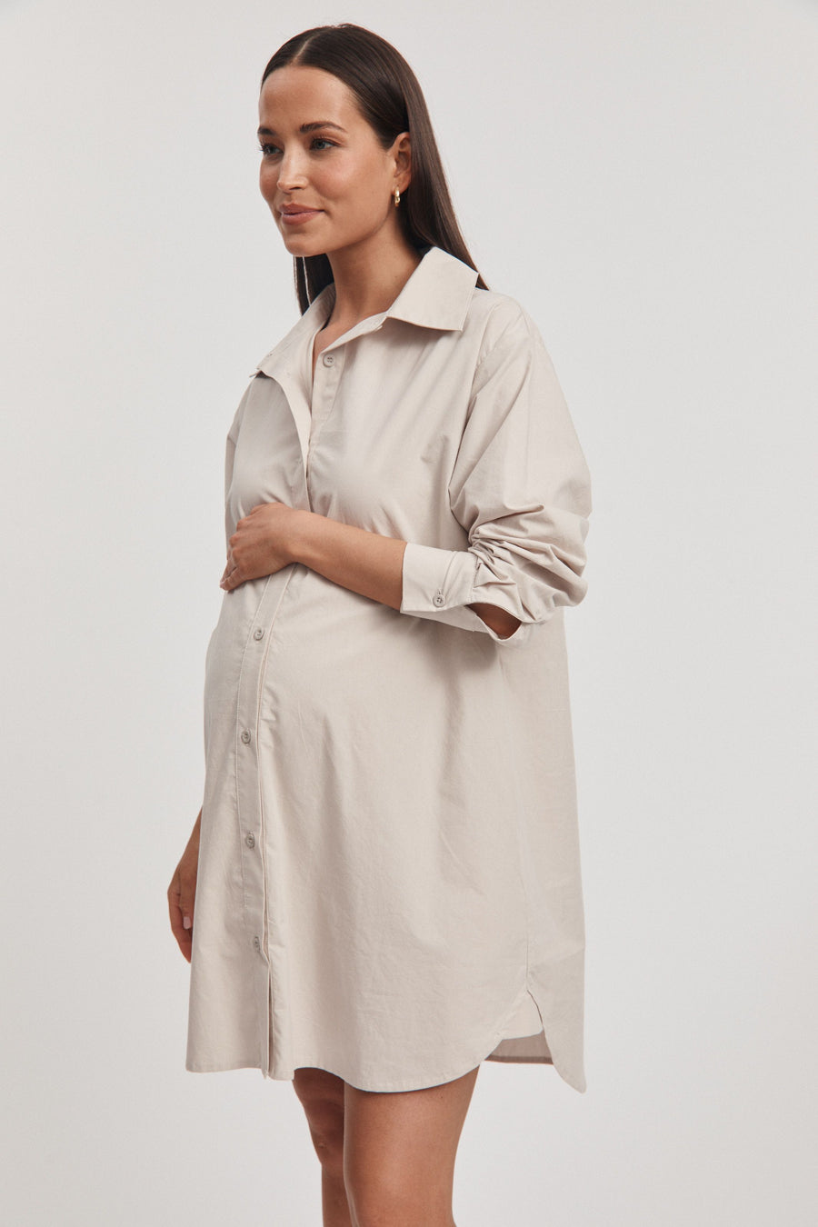 Cotton Poplin Maternity Shirtdress (Stone) 2