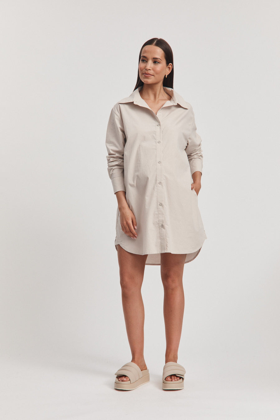 Cotton Poplin Maternity Shirtdress (Stone) 3