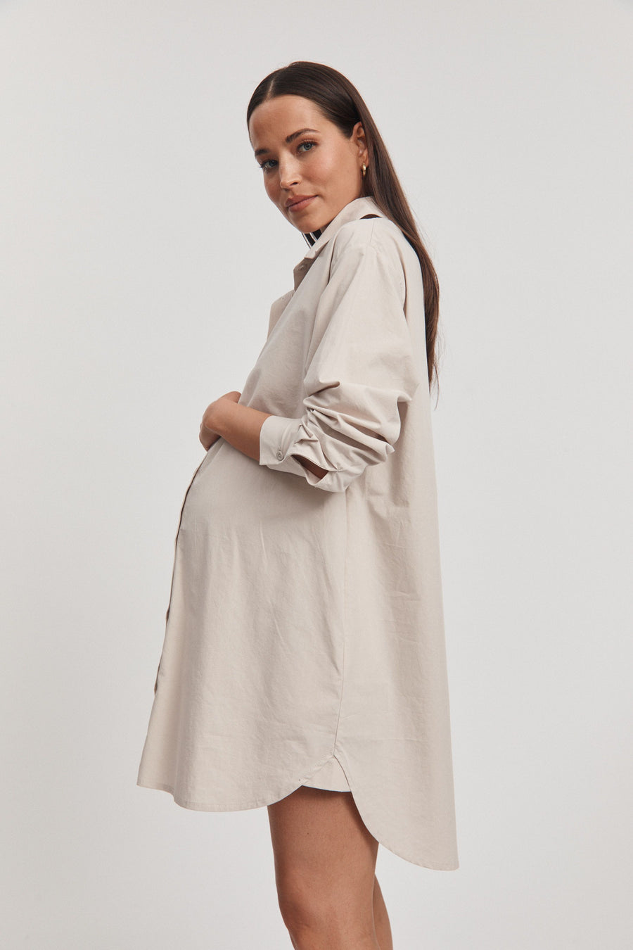 Cotton Poplin Maternity Shirtdress (Stone) 6