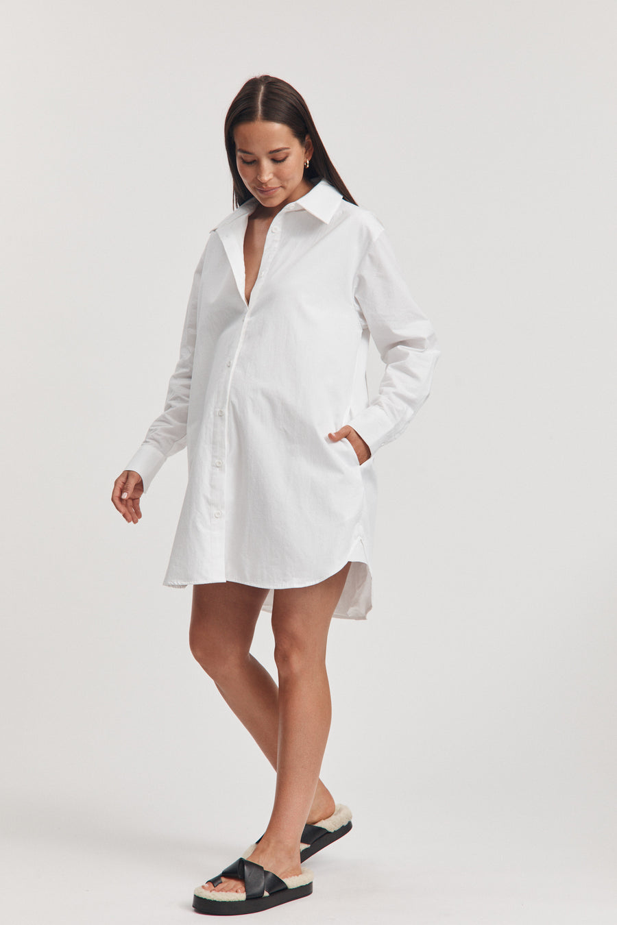 Cotton Poplin Maternity Shirtdress (White) 2