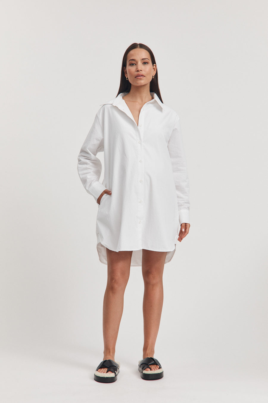 Cotton Poplin Maternity Shirtdress (White) 5