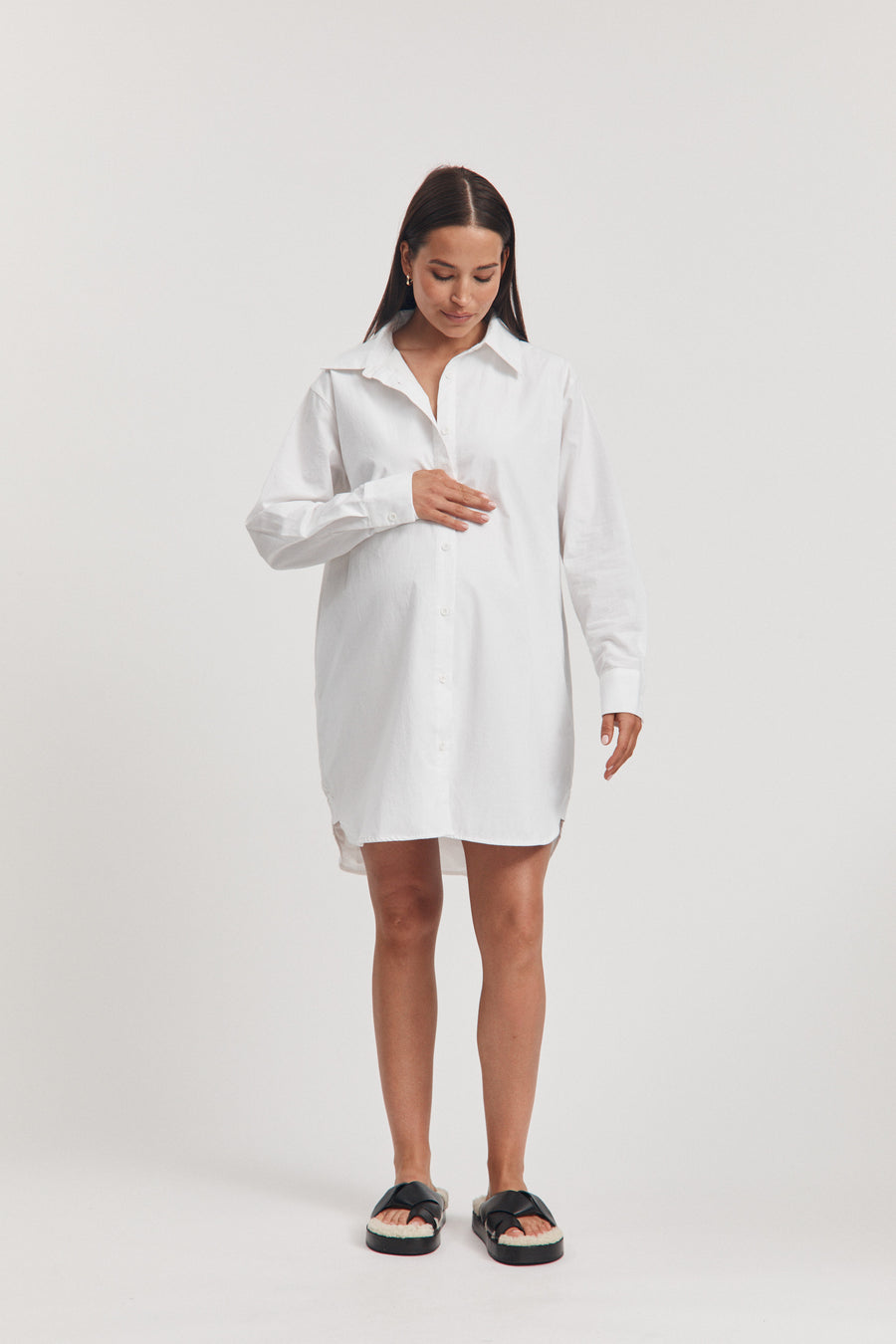 Cotton Poplin Maternity Shirtdress (White) 8