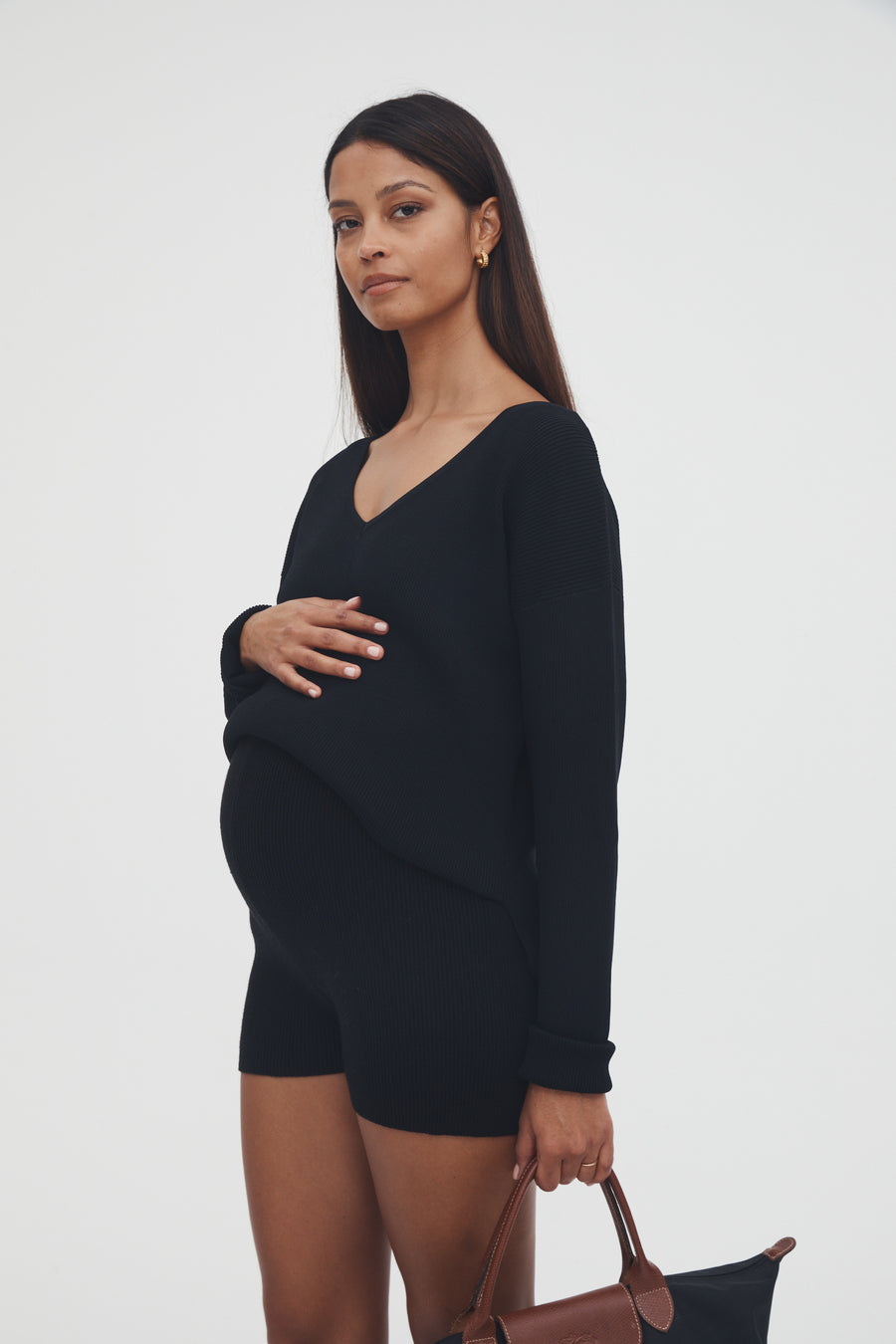 Overbump Stretchy Rib Maternity Shorts (Black) 7
