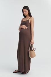 Designer Maternity Ribbed Maxi Dress (Chocolate) 1