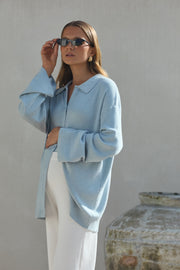 Designer Maternity Wool Button Down Collar Top (Mineral Blue) 13