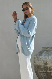 Designer Maternity Wool Button Down Collar Top (Mineral Blue) 14