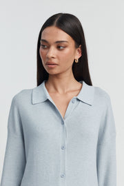 Designer Maternity Wool Button Down Collar Top (Mineral Blue) 2