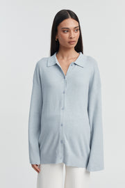 Designer Maternity Wool Button Down Collar Top (Mineral Blue) 4