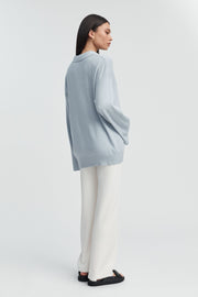 Designer Maternity Wool Button Down Collar Top (Mineral Blue) 6