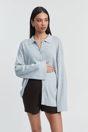 Designer Maternity Wool Button Down Collar Top (Mineral Blue) 7