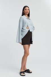 Designer Maternity Wool Button Down Collar Top (Mineral Blue) 8