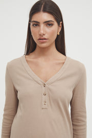 Maternity Ribbed Henley Long Sleeve Top (Mocha) 4