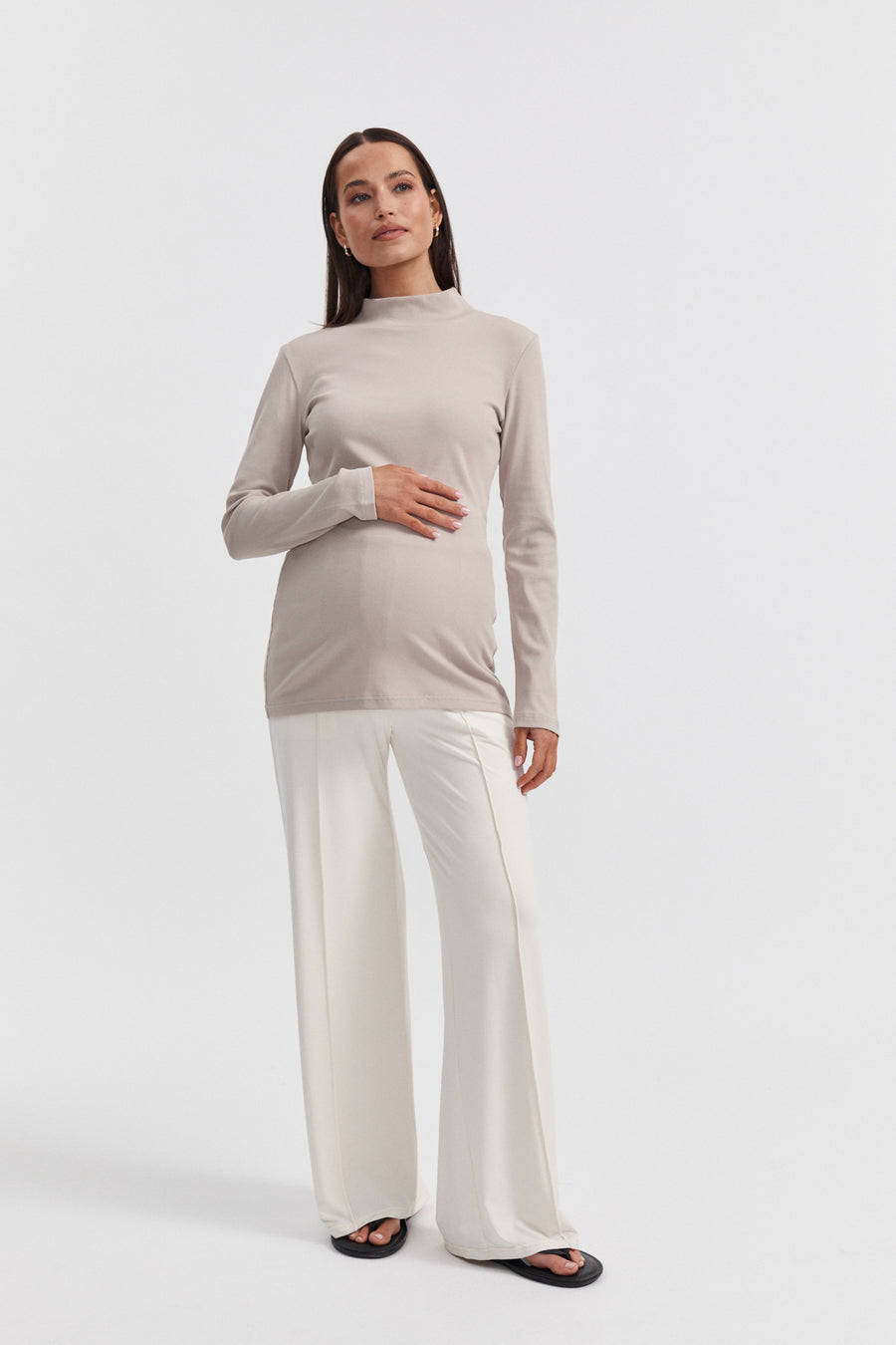 Ribbed Maternity Mock Neck Top (Stone) 3