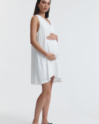 Linen Button Down Maternity Dress (White) 1