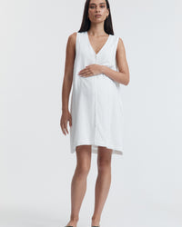 Linen Button Down Maternity Dress (White) 4