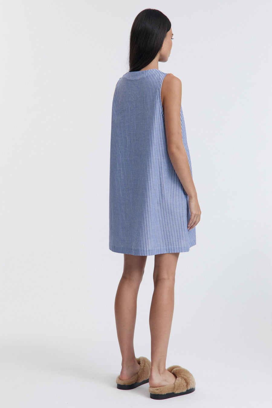 Linen Cotton Button Down Maternity Dress (Blue/White) 10