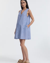 Linen Cotton Button Down Maternity Dress (Blue/White) 2