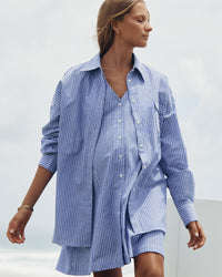 Linen Cotton Button Down Maternity Dress (Blue/White) 7
