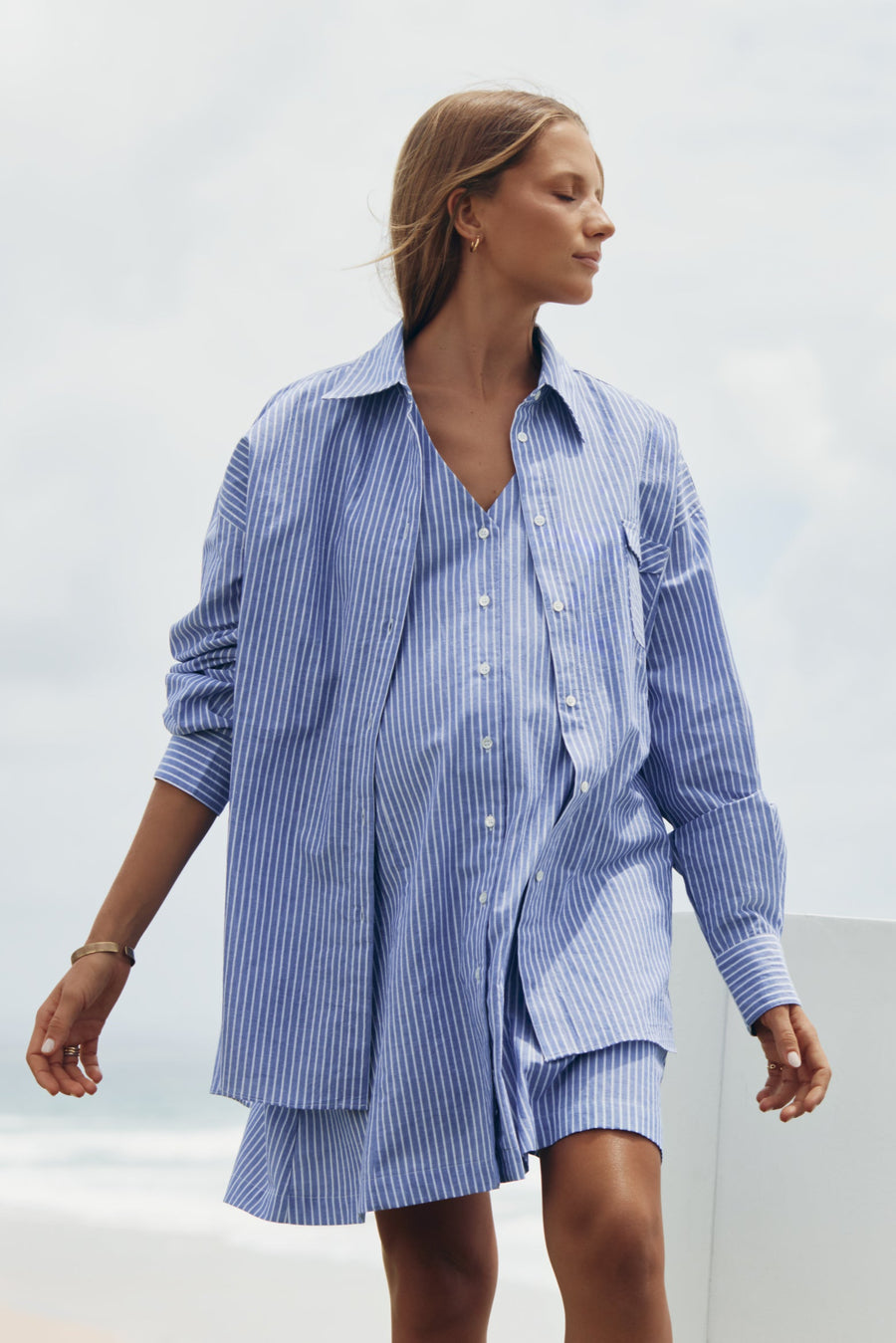 Linen Cotton Button Down Maternity Dress (Blue/White) 7
