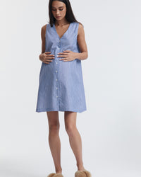 Linen Cotton Button Down Maternity Dress (Blue/White) 8