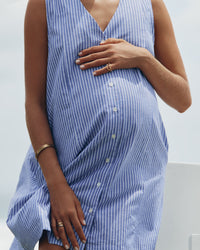 Linen Cotton Button Down Maternity Dress (Blue/White) 9