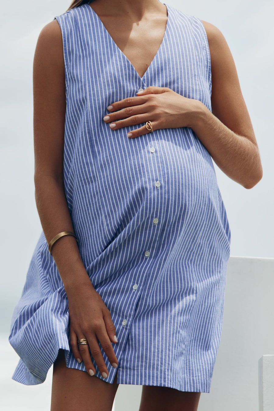 Linen Cotton Button Down Maternity Dress (Blue/White) 9