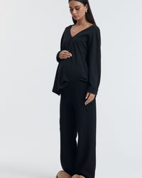 Low Rise Maternity Rib Cotton Pants (Black) 2