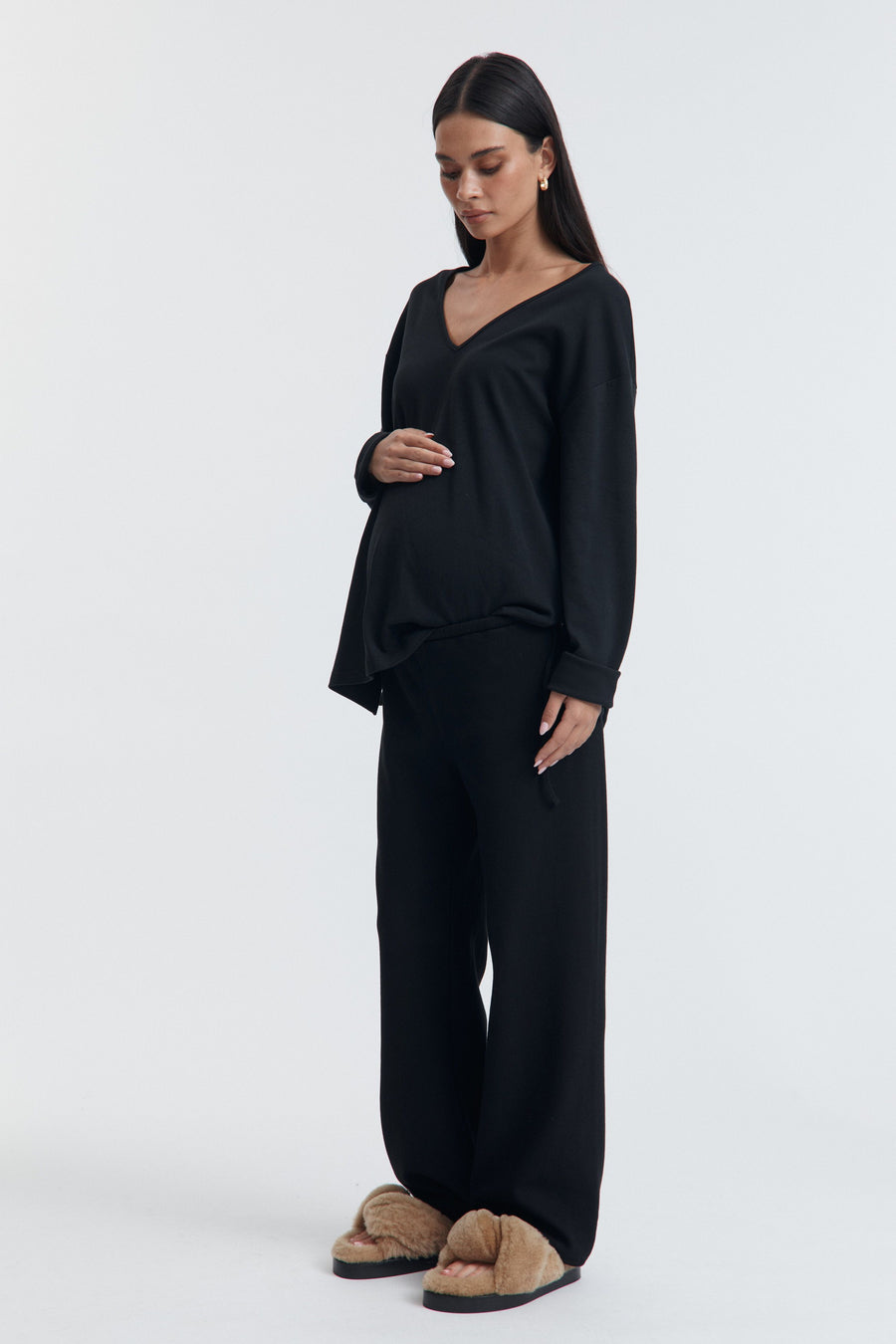 Low Rise Maternity Rib Cotton Pants (Black) 2