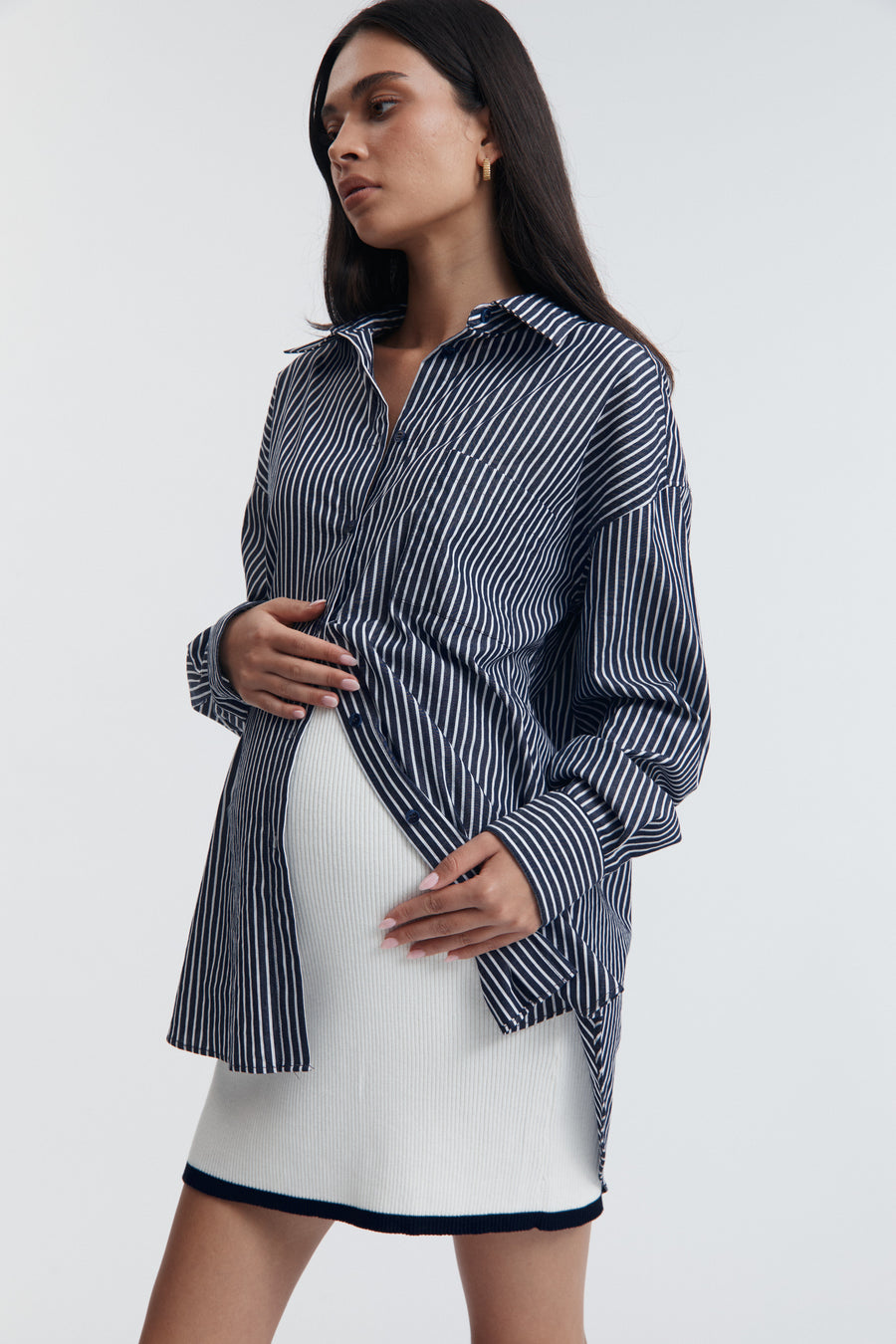 Maternity Cotton Shirt (Navy Stripe)  7